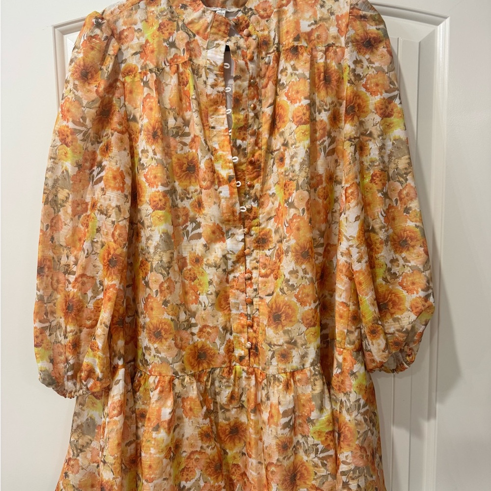 Umgee Orange and Yellow Floral Puff-Sleeve Mini Dress